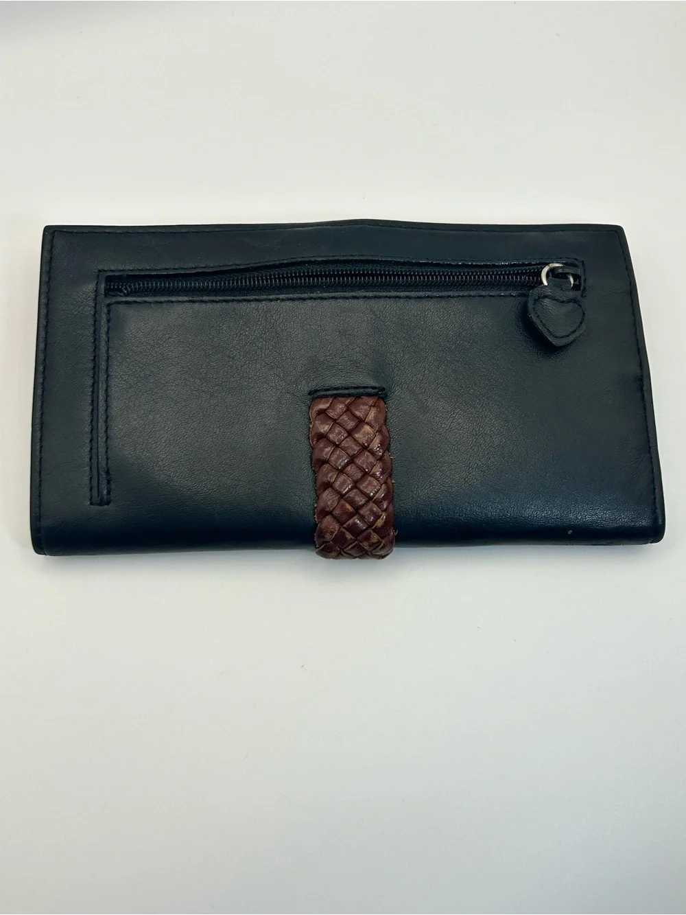 Brighton Two-tone Leather Braided Wallet Black Brown Silver Plated Heart Vintage